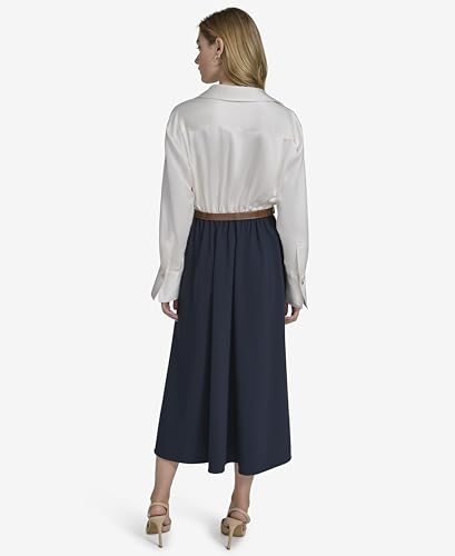 H HALSTON Women's Long Sleeve Shirt Collared V-Neck Midi Dress4