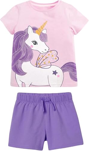 Image of HILEELANG Girls Cotton Short Set Summer 2 Piece Outfit T Shirt Shorts | 100% Cotton, Soft Breathable Fabric, 2 Piece Outfit Set, Elastic Waist, Summer Comfort for Toddler Little Girls