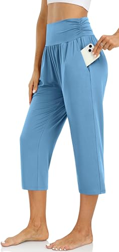 Image of UEU Women's Yoga Capri Pants Loose Soft Drawstring Workout Sweatpants | Comfortable Stretchy Fabric, Casual Lounge Pants, Side Pocket, Workout Travel Daily Wear