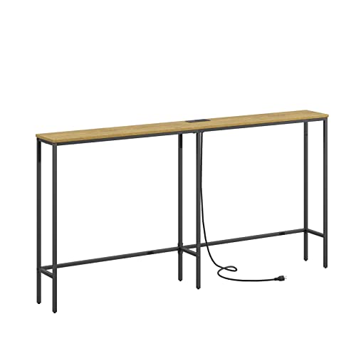 Image of 63 Inch Console Table with Power Outlet,Modern Narrow Long Sofa Table Behind Couch,Skinny Entry Table with Black Metal Frame for Entryway,Living Room, Hallway,3D Oak