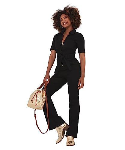 Joe Browns Women's Zip Front Sustainable Stretch Denim Straight Leg Jumpsuit, Black, 14