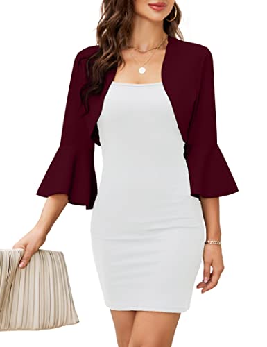 Image of Cropped Cardigans for Women, 3 /4 Bell Sleeve Bolero Shrug Open Front Bolero Jackets for Evening Dresses Wine Red M