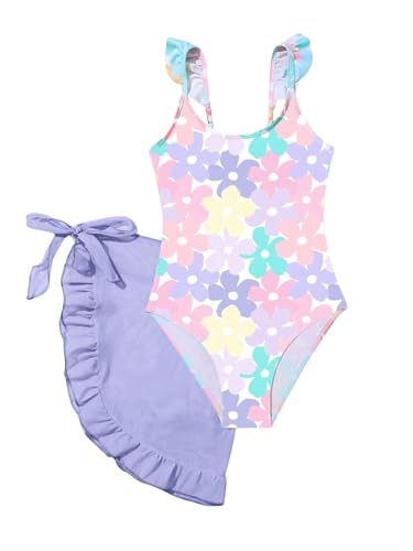 MakeMeChic Girl's One Piece Swimsuit Floral Print Ruffle Sleeveless Monokini with Cover Up Skirt