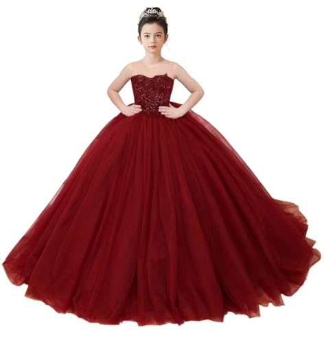 dideyttawl Lace Appliqued Flower Girl Dress Tulle Embroidery Strapless Full Length Pageant Dress Birthday Party Ball Gown