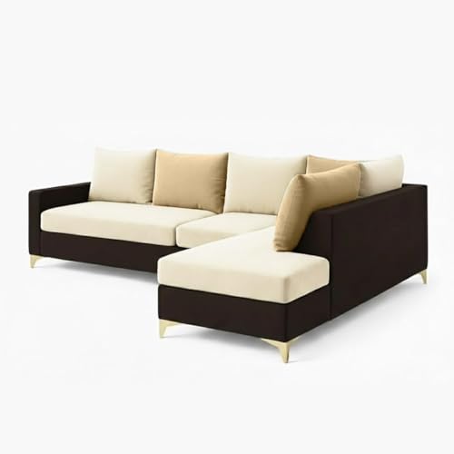 Image of FURNY Gloriss 6 Seater Fabric RHS L Shape Sofa Set with Multi-Color Beige Cushions (Cream-Dark Brown) Premium Velvet Finish with Golden Legs | Ideal for Living Room, Offices