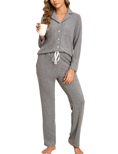 Image of Veseacky Women's Ribbed Knit Pajamas Set 2 Piece Warm Soft Loungewear Sleepwear Pjs S-XXL