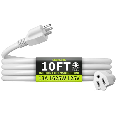 16/3 White Extension Cord 10 FT, Indoor Extension Cord for Laptops, Coffee Makers, Office Home Appliances, 3 Prong Resistant Cable Flexible, 13A 125V 1625W ETL Listed