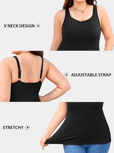 V FOR CITY Women Plus Size Tank Tops with Built-in Padded Bra Adjustable Strap V-Neck Camisole Cotton Cami Shirts 1X-4X3