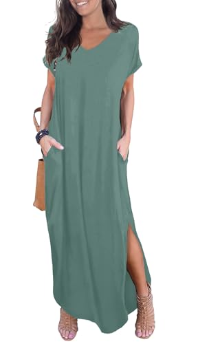 Image of GRECERELLE Women's Summer Maxi Dress Casual Loose V Neck Short Sleeve Side Split Long Dresses with Functional Pockets