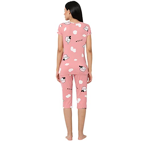 Image of Sweet Dreams Women Printed Round Neck Half Sleeve Poly Brush Top & Capri Set