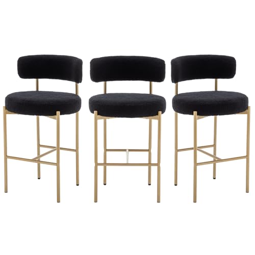 Image of Cinxzar Boucle Bar Stools Set of 3, Black Counter Height Bar Stools with Backs, Gold Modern Barstools for Kitchen Island, Pub, Club