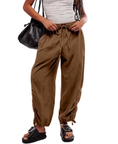 Aimiray Barrel Sweatpants Women Elastic High Waisted Wide Leg Linen Pants Casual Flowy Drawstring Barrel Pants with Pockets