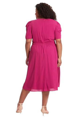 Image of London Times Women's Caterpillar Puff Sleeve Midi Dress - Gathered Waist A-Line Flowy Summer Dress
