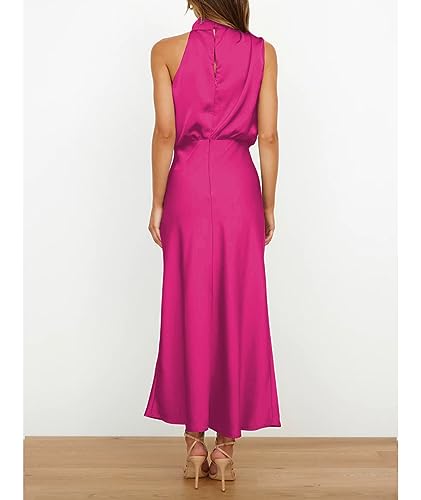 Image of Sexyshine Women's Elegant Halter Tie Neck Sleeveless Satin Long Dress Backless Split Cocktail Party Formal Wedding Maxi Dress