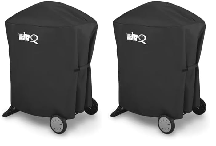 Weber Premium Grillabdeckhaube für Q1000/2000 mit Stand/mit Rollwagen, atmungsaktiv UV- & wasserbeständig, Schutz for Wind & Wetter, mit Klettverschluss zum Befestigen, Grillcover - Schwarz (7120)