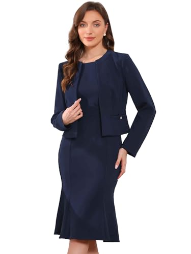 Allegra K Ensembles de Costumes Femmes Tailleurs-Robes de Business Robe Moulante Sirène avec Blazer Costumes d'affaires 2 Pièces Bleu foncé L
