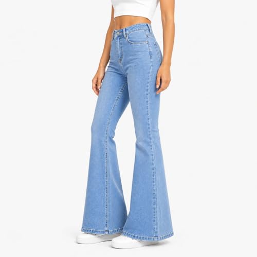 Image of Women's High Waist Bell Bottom Jeans | Flared Wide Leg Stretchable Denim Pants | Stylish Casual, Party & Everyday Wear | Denim Pant Suits | Bootcut Fit Design