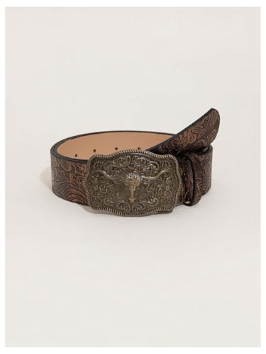 SHENHE Women's PU Leather Western Belt Vintage Engraved Buckle Belt Embossed Tribal Belt4