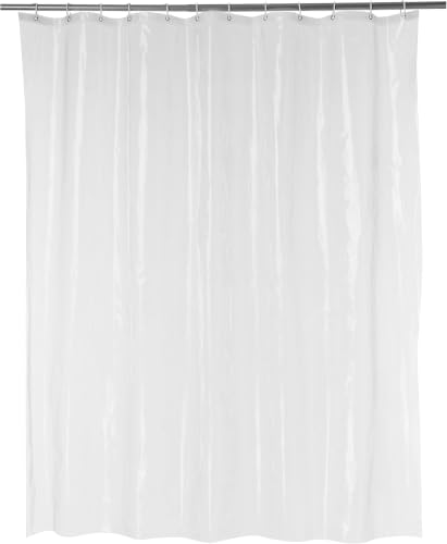 Image of Amazon Basics Water Resistant 8-Gauge PEVA Shower Curtain Liner with Rust-Proof Metal Grommets and Plastic Hooks, 72 inch L x 72 inch W, Clear (Pack of 10)