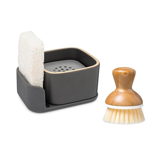 Full Circle Bubble Up Combo – Porte-Savon élégant en céramique Gris avec éponge écologique et Brosse à Vaisselle à Manche en Bambou – Outil de Nettoyage de...