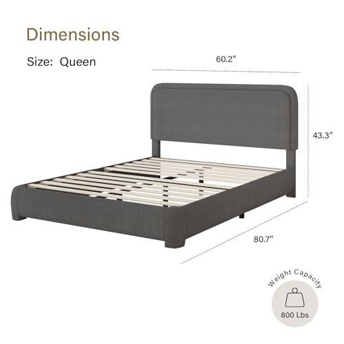 Image of BarnFurin Queen Bed Frame, Cloud Boucle Headboard, Rounded Corners, Grey