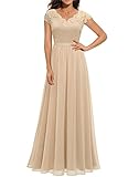 Daisyaner Damen Elegant Maxi Abendkleid V-Ausschnitt Spitze Ballkleid Chiffon Cocktailkleid Standesamt Hochzeitskleid Bodenlang Abschlusskleid Champagner M