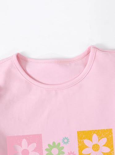 Image of Girls' Summer Shirts Flower Graphic Tees Ruffle Sleeve Crew Neck Casual Cute Tops Pink 11-12Y