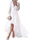 Fievlrs Womens Chiffon High Low Long Sleeves Wedding Dresses for Bride A Line Formal Bridal Gowns White Sexy V Neck Courthouse Wedding Dress for Bride US14