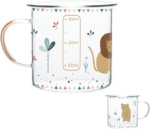 Dmend 目盛り付きマグカップ 平底コーヒー ハンドル付き 電子レンジ対応 耐熱ガラス ミルク ティー 朝食用 ガラス ティーウォーターコーヒー 耐熱 耐冷 おしゃれ かわいい 動物テーマ 子供用 Sサイズ 自宅 来客用 ビジネス ギフトに最適 360m