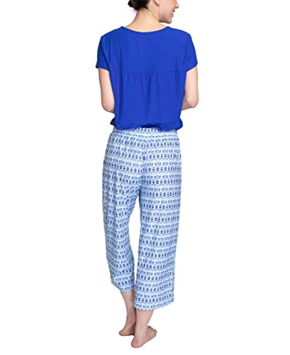 Muk Luks Women's Seabreeze Short Sleeve Top And Capri Cloud Knit Set, Ocean Blue/Moody Ikat, Large #TOP3