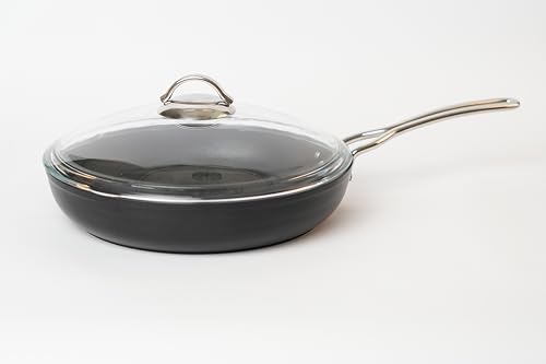 SAFLON Sartén antiadherente de titanio con tapa, 28 cm, sartén antiadherente con mango de acero inoxidable, sin PFOA, revestimiento resistente a los arañazos, apta para lavavajillas, para todas las