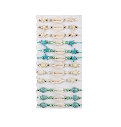MMIUAEG 12pcs Sea Shell Turtle Braided Bracelets Handmade Woven Starfish Turquoise Turtle Waterproof Wristlets for Women Bohemian Turquoise Beaded Bracelet Summer Beach Jewelry-Set B