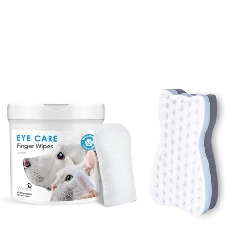 Mooncat Pet Eye Wipes and Cat Grooming Brush Bundle, 40 Count Finger Cot Tear Stain Remover, Silicone Shedding Massage Comb, Gentle Cleaning Kit for Long Short Hair