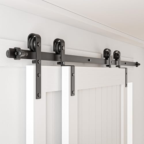 4-14FT Bypass Sliding Barn Door Hardware Kit Single Track System Carbon Steel Basic Roller Hanger Easy to Install Fit Double 40 Wide Doors Panels (6.6ft Single Track Bypass)