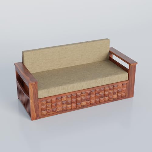 Image of Krishna Wood Decor Sheesham Wood 3 Seater Sofa Cum Bed with Mattress | Wooden Convertible Sofa Cum Bed with Side Pockets | Modern Sofa Bed with Storage Drawer for Living Room & Bedroom, Honey Finish