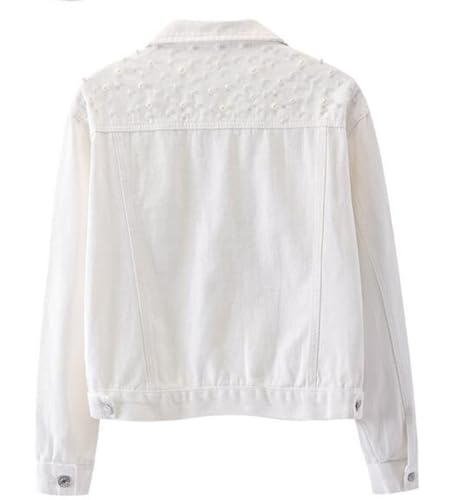 Womens Solid Color Long Sleeve Denim Jacket Pearls Beading Jean Jacket Coat2