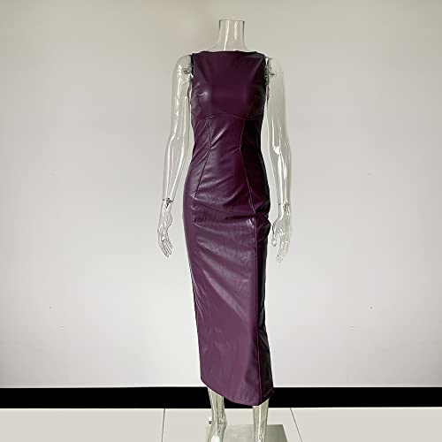 Xllais Women's Faux Pu Leather Bodycon Maxi Dress Sexy Sleeveless Long Dresses Grape Medium #TOP4