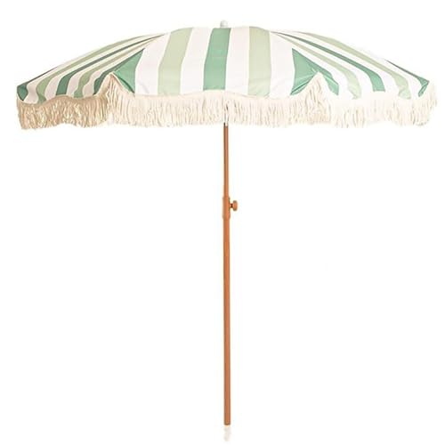 HEBEHO Garden Parasol Tiltable Umbrella 7ft, Outdoor Beach Umbrella with Fringe, UV Protection, Portable Striped Sun Shade Umbrella for Deck, Yard, Patio (Color : Green, Size : 200cm/6.6ft)