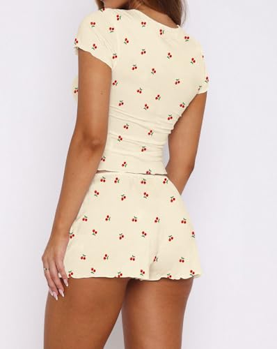 Image of Lacozy Cute Pajamas for Women Set 2 Piece Short Sleeve Pjs Floral Graphic Crop Top Y2K Summer Sleepwear Lounge Set