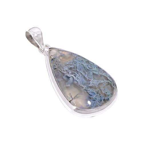 Natural Top Quality Unique Pattern Blue Moss Agate Gemstone 925 Sterling Silver Handmade Statement Pendant Necklace Jewelry Gift for Her