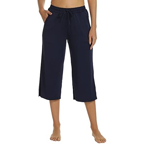 JOJOANS Womens Capri Pants Wide Leg Yoga Pants Drawstring Loose Comfy Workout Athletic Capris Sweatpants with Pockets, Navy Blue, Large Cover