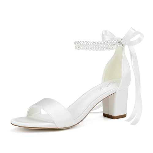 Dilhik Satin Wedding Shoes for Bride Pearl Heels Bridal Shoes Wedding Heels Block Heel Wedding Sandals-Ivory-6cm-8