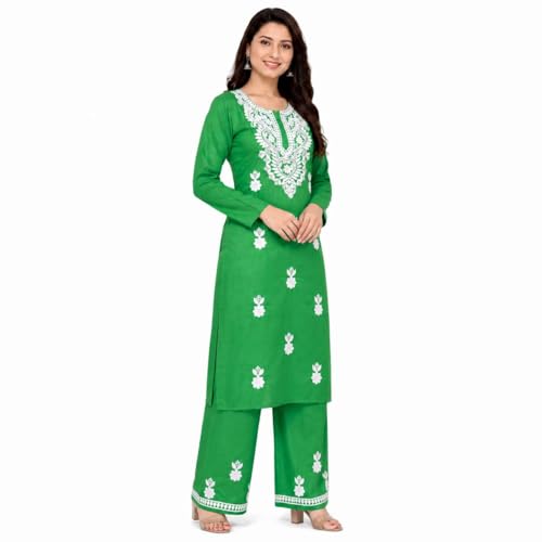 Image of Women's Chikankari Embroidered Straight Kurta with Palazzo Set, Traditional Kurti Bottom Set |Round Neck Full Sleeve Outfit for Daily,Office, Festive & Casual