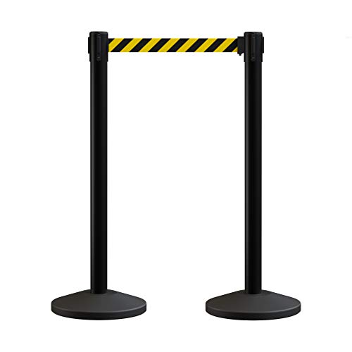 Crowd Control Warehouse CCW Series RBB-100 - Set of 2 Stanchions with Retractable Belts - 11 Foot Black/Yellow Belt, Black Post - Crowd Control Barriers