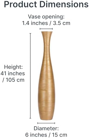 Leewadee Large Gold Home Decor Floor Vase - Wooden 105 cm Tall Farmhouse Decor Flower Holder For Fake Plant And Pampas Grass