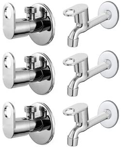 Spazio Stainless Steel Prime Angle Valve With Long Body Combo Pack Foam Flow Water Taps With Wall Flange (Pack of 3) (Chrome Plated, Brass Disc)