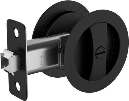 Image of goldenwarm Matte Black Pocket Door Lock, Privacy Round Pocket Door Hardware Not-Adjustable 2-3 /8 inch Latch, Pocket Door Handles for Pocket Doors Sliding Doors 1 Pack