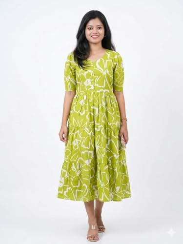 Image of Women's Cotton Floral Leaf Print Tiered Midi Dress - Square Neck, Short Sleeve A-Line Smock Dress for Casual Summer & Vacation Wear