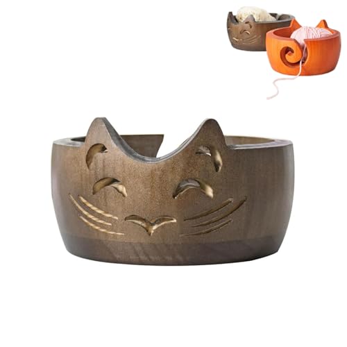 Image of Cute Cat Yarn Bowl, New Yarn Bowls Yarn Storage Bowl with Carved Holes & Drill, Creative Wooden Handmade Round Woolen Bowl for DIY Knitting Crocheting Accessories (Brown)