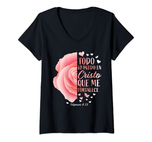 Femme Cadeau espagnol pour femme chrétienne religieuse Filipenses 4:13 T-Shirt avec Col en V